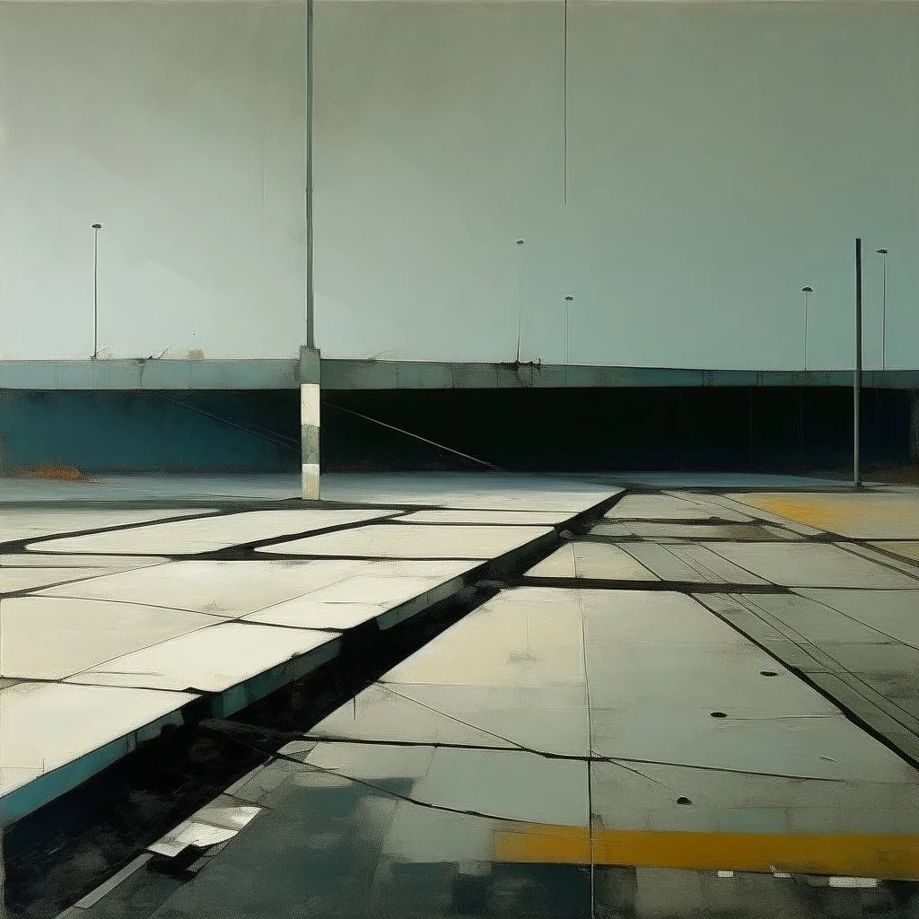 Minimal contemporary abstract oil-painting of desolate 1960s carpark with road markings and concrete fragments. Overlay with grungy typography graphics. style of Justin Mortimer and Francis Bacon.