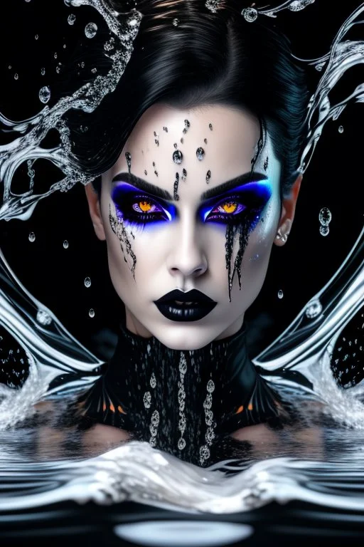 A beautiful Goth girl, dark black makeup, dark under eyes, white hair, action image of her braking water surface, freedom, dramatic, highly detailed, 8k, abstract