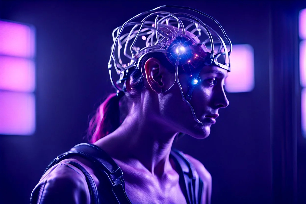 Human with brain-computer implants, Lush void, imperfection, natural lighting, cinematic, Fuji Film, Anamorphic lens, 2040s, deep depth of field, Solarpunk