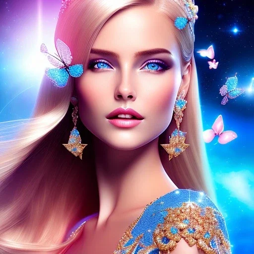 Full body Princess, sexy woman blondie, make up, beautiful smiling face,blue eyes, beautiful place,amazing, flowers, colors, blue and pink butterfly, realistic, photo real, stars night, detailed, high contrast, 8k high definition, unreal engine 5, extremely sharp detail, light effect, light background