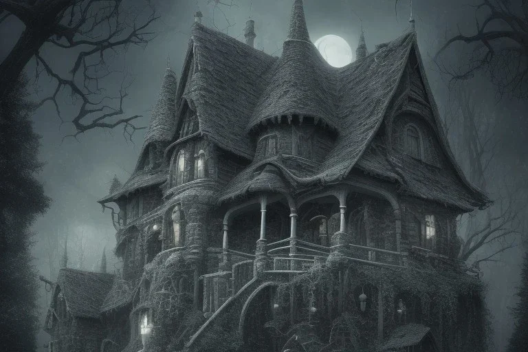 one Wednesday Adams, black and white, small scary house , pointy roof, cursed trees , dense dark forest, spiders, bats, bones, Escher style