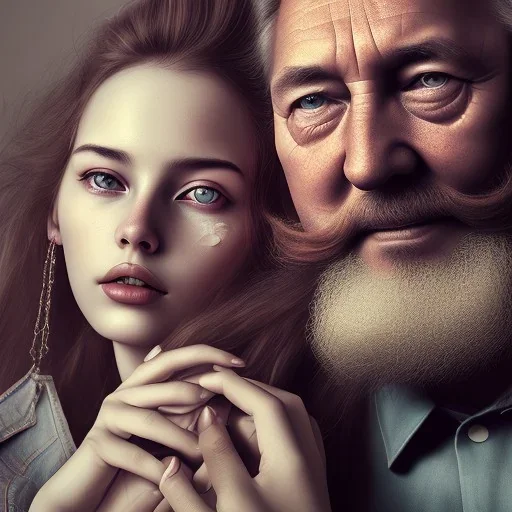 a young woman sitting next to a 50-year-old man with a beard and short hair, portrait, 8K, close-up face, anatomically perfect face, Highly detailed stunning full frame portrait, misty and cloudy atmosphere