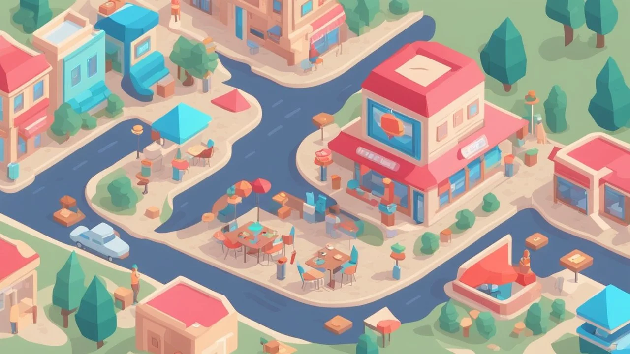 illustration for game. 30 miniature restaurants per block as a city. vector isometric 3d style. HD.