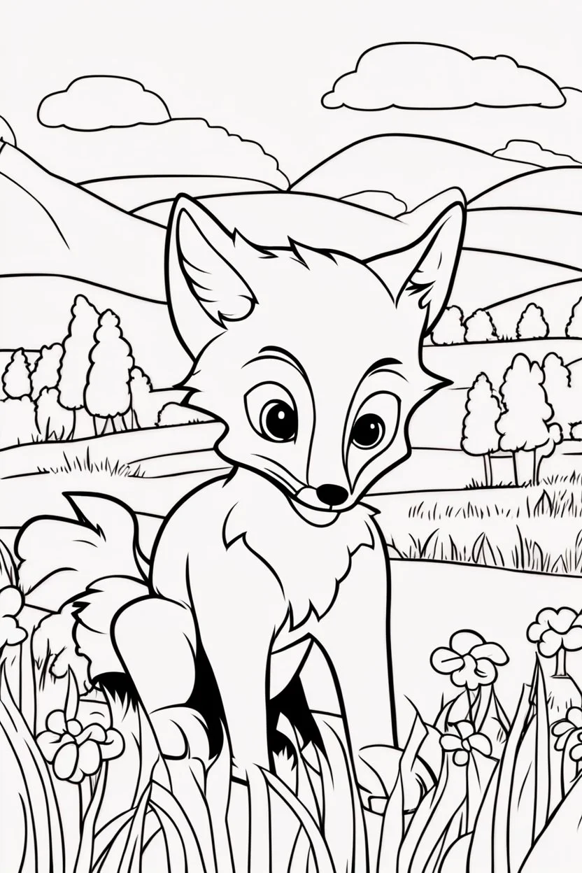 kids coloring page, fox in a field, cartoon style, thick lines, very low detail, no shading