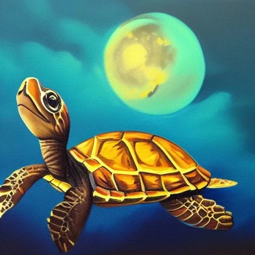 Oil painting style turtle and moon