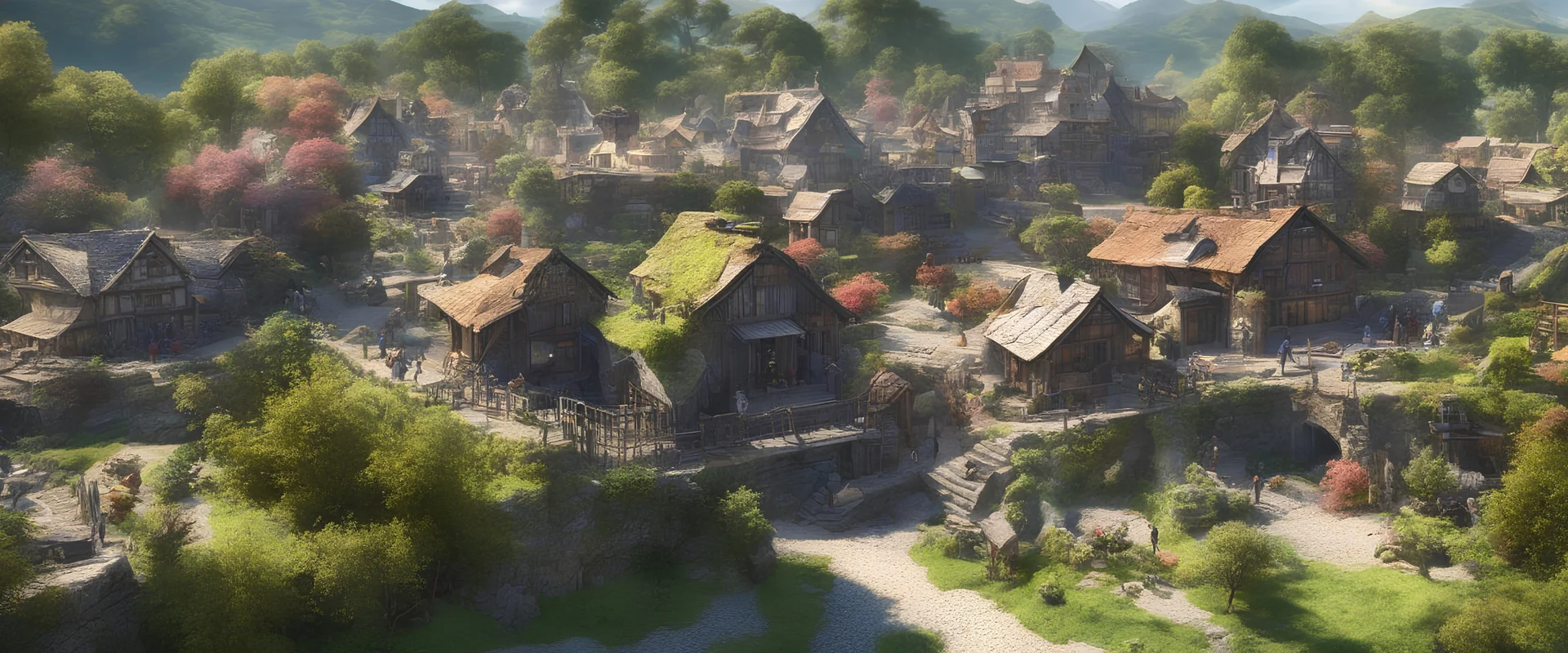 A busy market in a beautiful surreal sunny countryside scene with distant hills, many conjoining intricate characterful dwellings (each with a Solar Panel or small wind turbine on each roof) & a clock-house, pathways & walkways, stairways & bridges, waterfalls & a waterwheel : ultra high detail, photorealistic, epic cinematic, 8K, Large depth of field
