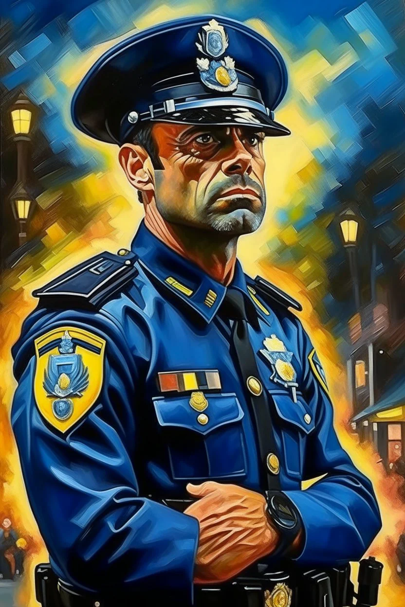 A movie poster of a police officer in the style of oil painting