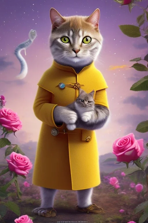 Der kleine Prinz als Katze mit Rose in der Pfote. Fuchs sitzt daneben