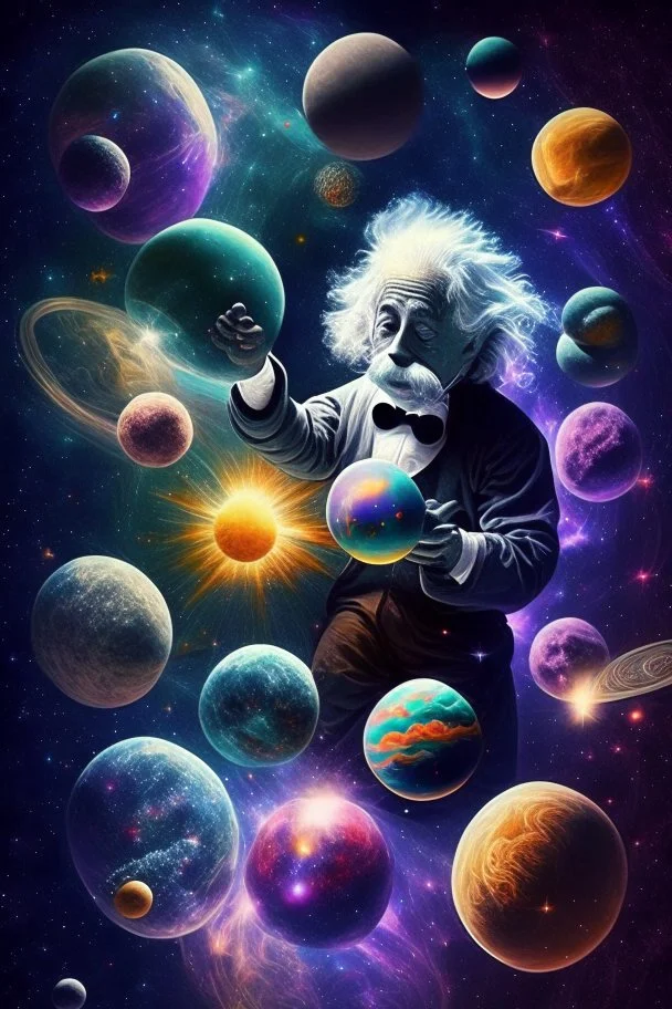 Albert Einstein playing with atoms in outerspace surrounded by planets, stars, cosmic gas, and moons