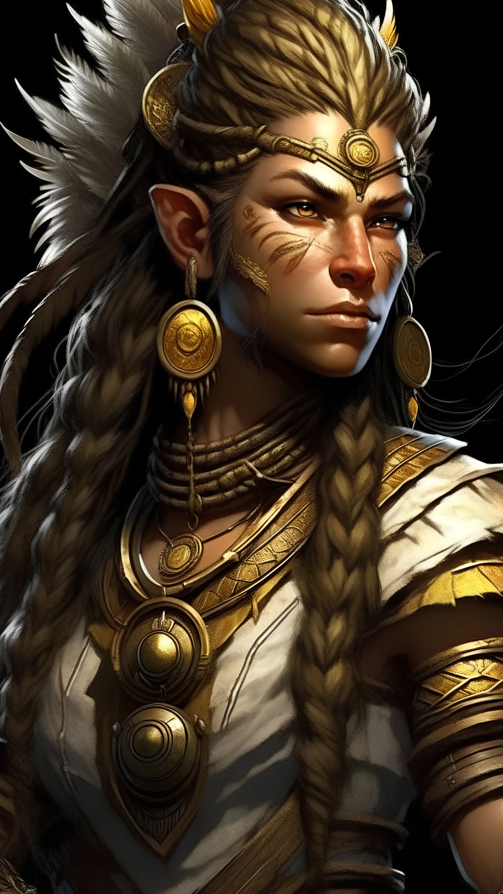 female kalashtar from dungeons and dragons, barbarian class from dungeons and dragons, long and dark hair bound in intricate braids adorned with small feathers and beads, bronzed skin, amber eyes flecked with silver, armor adorned with trophies and tokens such as furs, bones, feathers, and intricate tattoos, realistic, digital art, high resolution, strong lighting