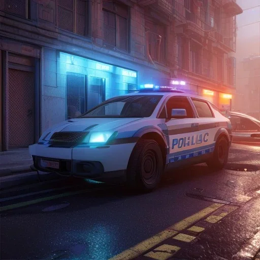 Cyberpunk,police car at night unreal engine 5, octane render,cinema4d, dynamic lighting, 8k, redshift render, highly, hyperrealism ultra realistic, hyper realistic.