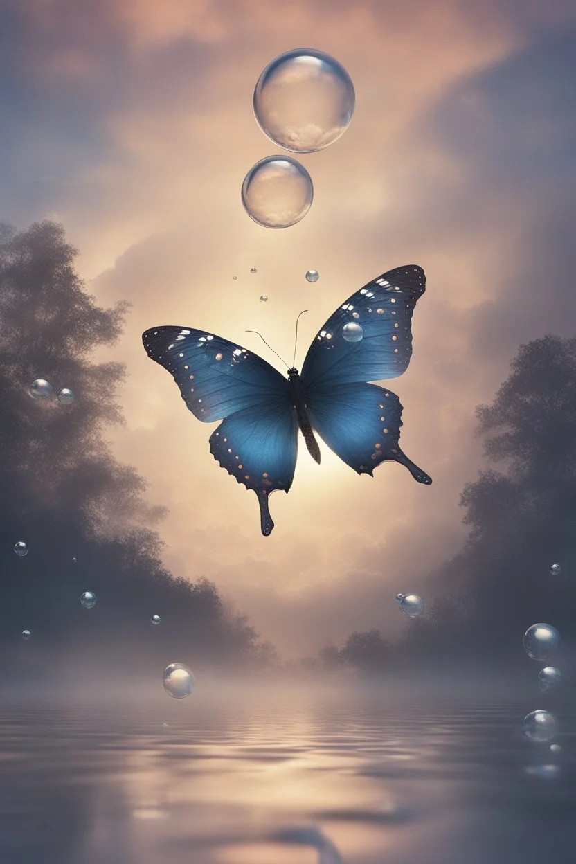 Majestic butterfly with bubbles surrounding it, going up into the clouds at dusk