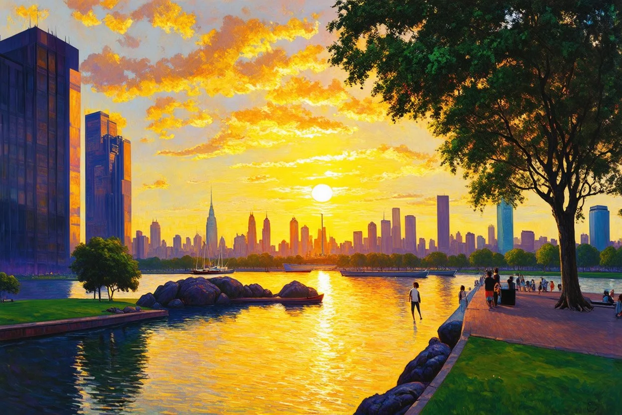 sunset, buildings, lake, rocks, city, park, trees, cyberpunk, sci-fi, claude monet impressionism paintings