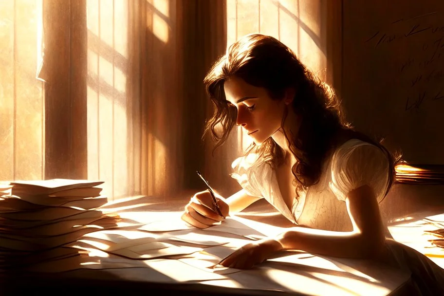 A pretty brown-haired woman sits in front of a table covered with handwritten letters, looking at them perplexedly, in an elegant room in the sunlight.