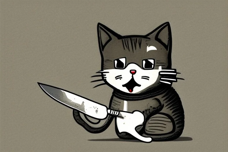 Cat smiling with a bloody knife. Illustration.