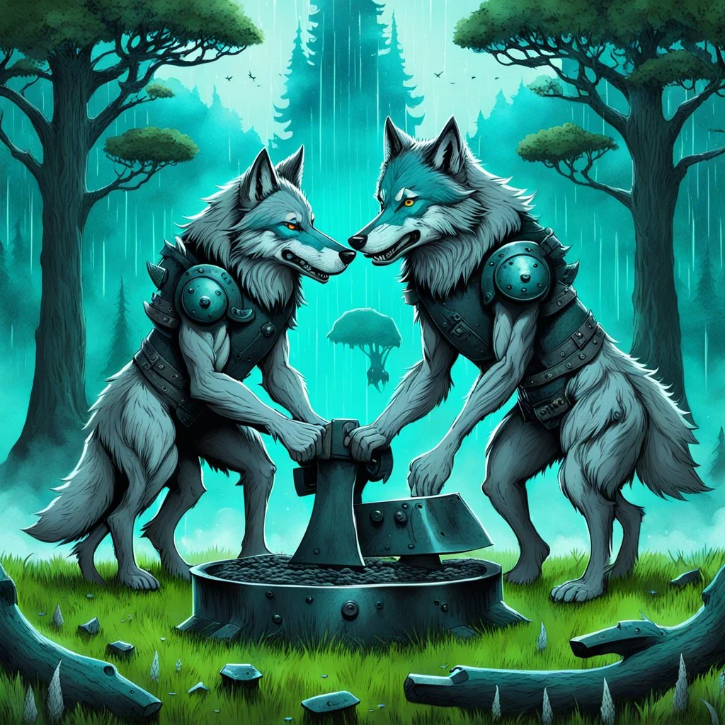 digital art two gray body hair anthropomorphic wolves together they carry a heavy blacksmith anvil in their paws in a blue-green meadow, in the background trees with huge trunks rainy day, high contrast, high detail, atmospheric, dark fantasy, sci-fi atmosphere, cinematic