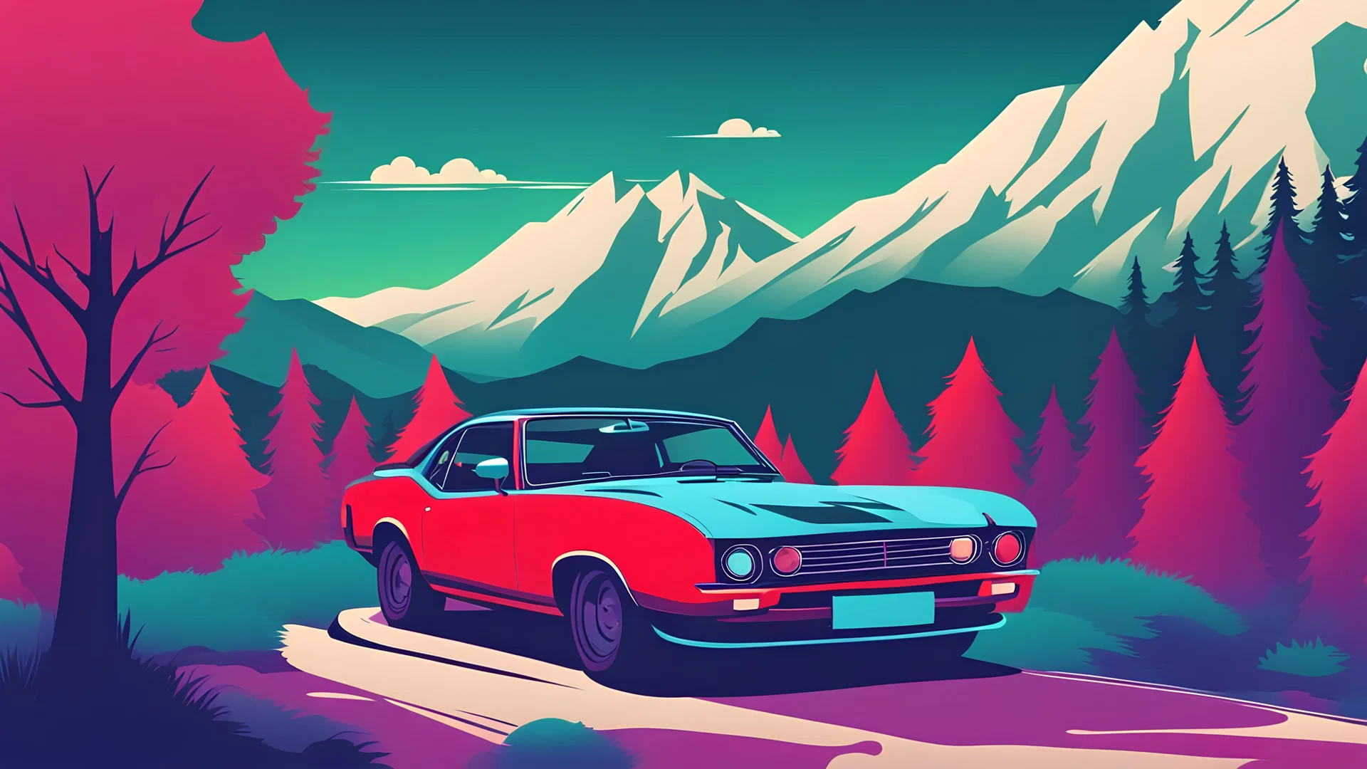 Create me a desktop wallpaper in Full HD, the wallpaper should be mix of (((Blue))) (((Red))) and slightly (((green))), mountains, purple, trees, car