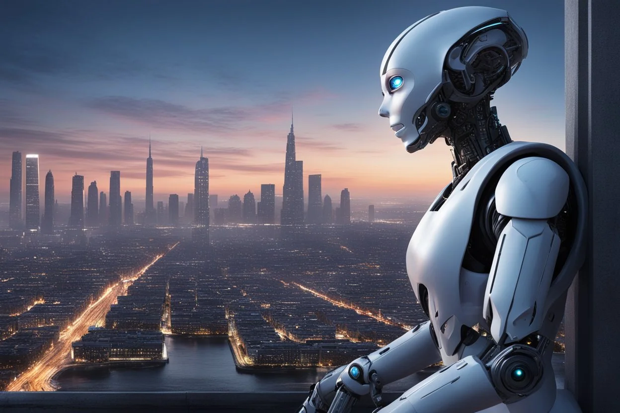 Humanoid robot looking out over an alien city skyline at dusk