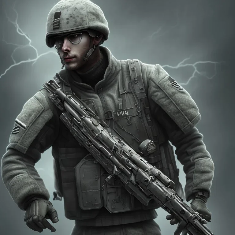 Soldier in a gray uniform, DeviantArt style, volumetric lightning, extremely detailed, background lightning, two arms, two legs, one head, detailed rifle, one torso, one head, photo realistic, detailed, symetrical, centered,