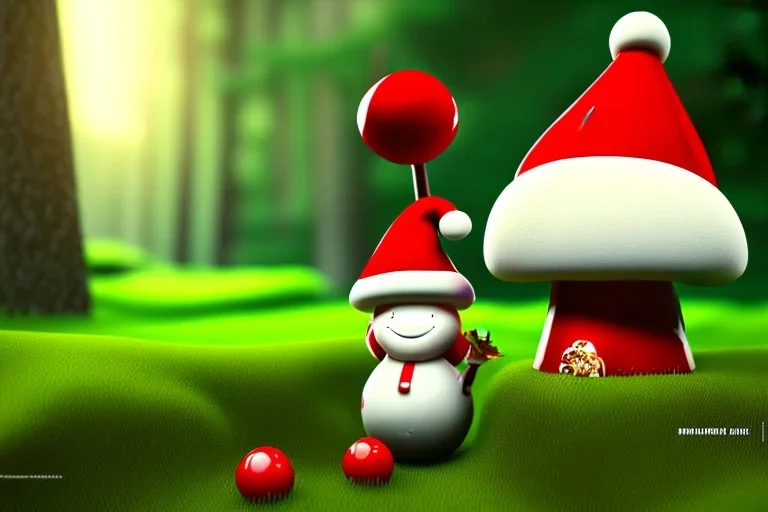 mushroom, wearing a Santa hat, forest, red, white, green grass, tall, trees in background, 8k resolution, detailed