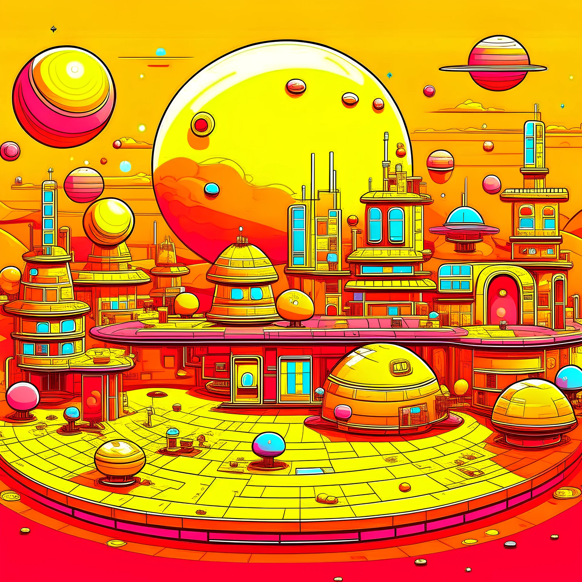 Cartoon space city, orange pink and yellow