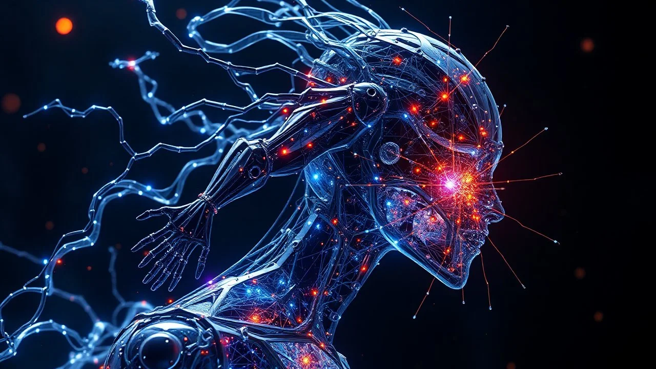 Biotechnological hybrid being with collective consciousness, reconfigurable modular body structure, self-repairing tissues with molecular memory, synthetic organs that process dark energy, biomagnetic force field as an immune system, controlled division and fusion capability, post-singularity evolution style