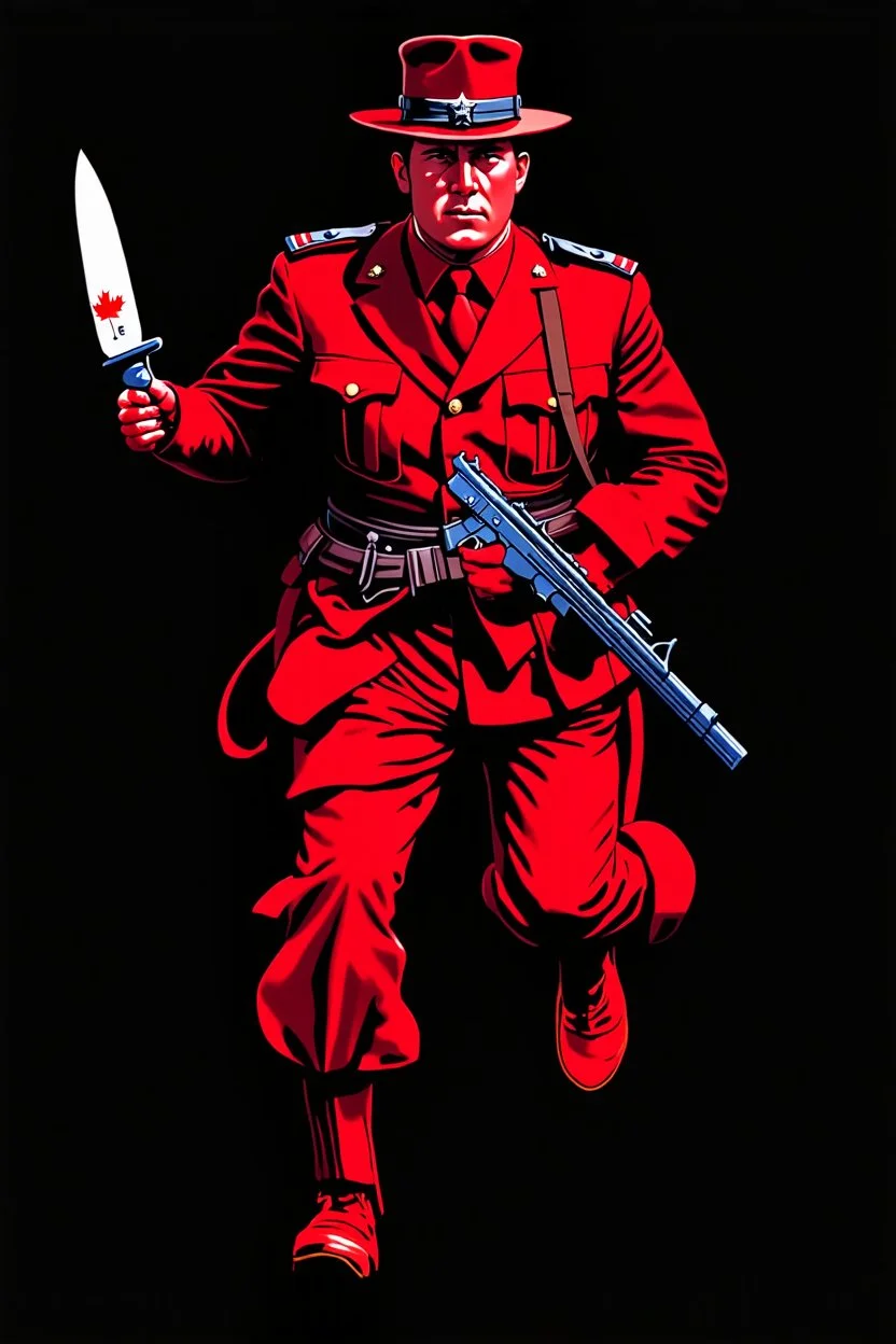 poster of a canadian soldier(uniform and face based on racist steriotypes of canadian soldiers) running towards viewer, a knife i one hand, and a gun(barrel pointing at viewer) in the other. retro poster monochrome with white background