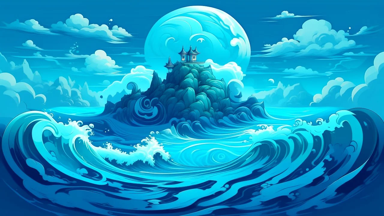 A cyan island with raging waves in Surrealism art style