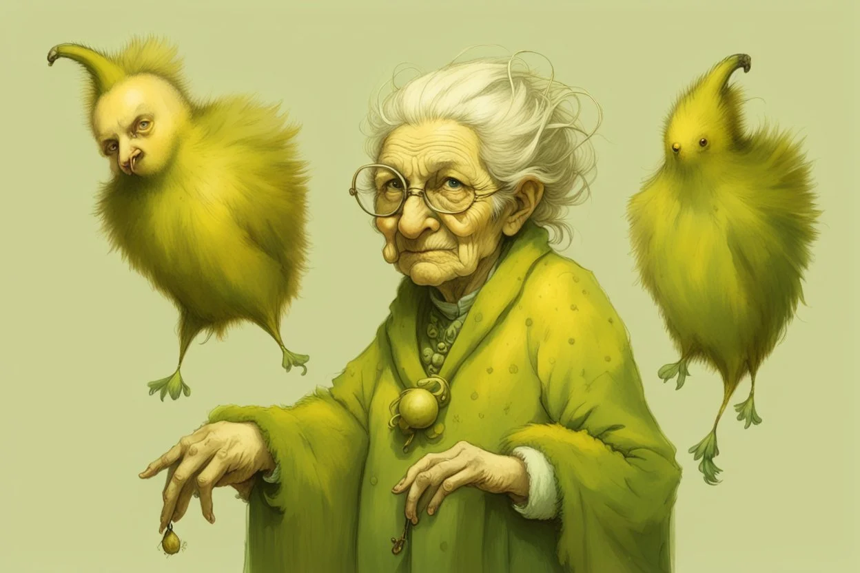 Artist Jean-Baptiste Monge style. A biomorph banana-headed old woman. White eyes. A yellow dotted green furry feathered fluffy dress.