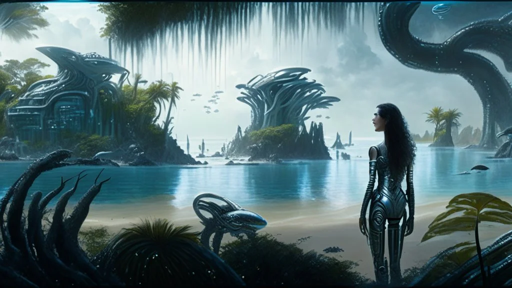 Detailed matte painting of a wide-angle shot of a woman, standing on the right side of an alien beach, with dark hair in a silver robotic catsuit, many large floating creatures with shells and long tentacles, alien jungle trees in the distance