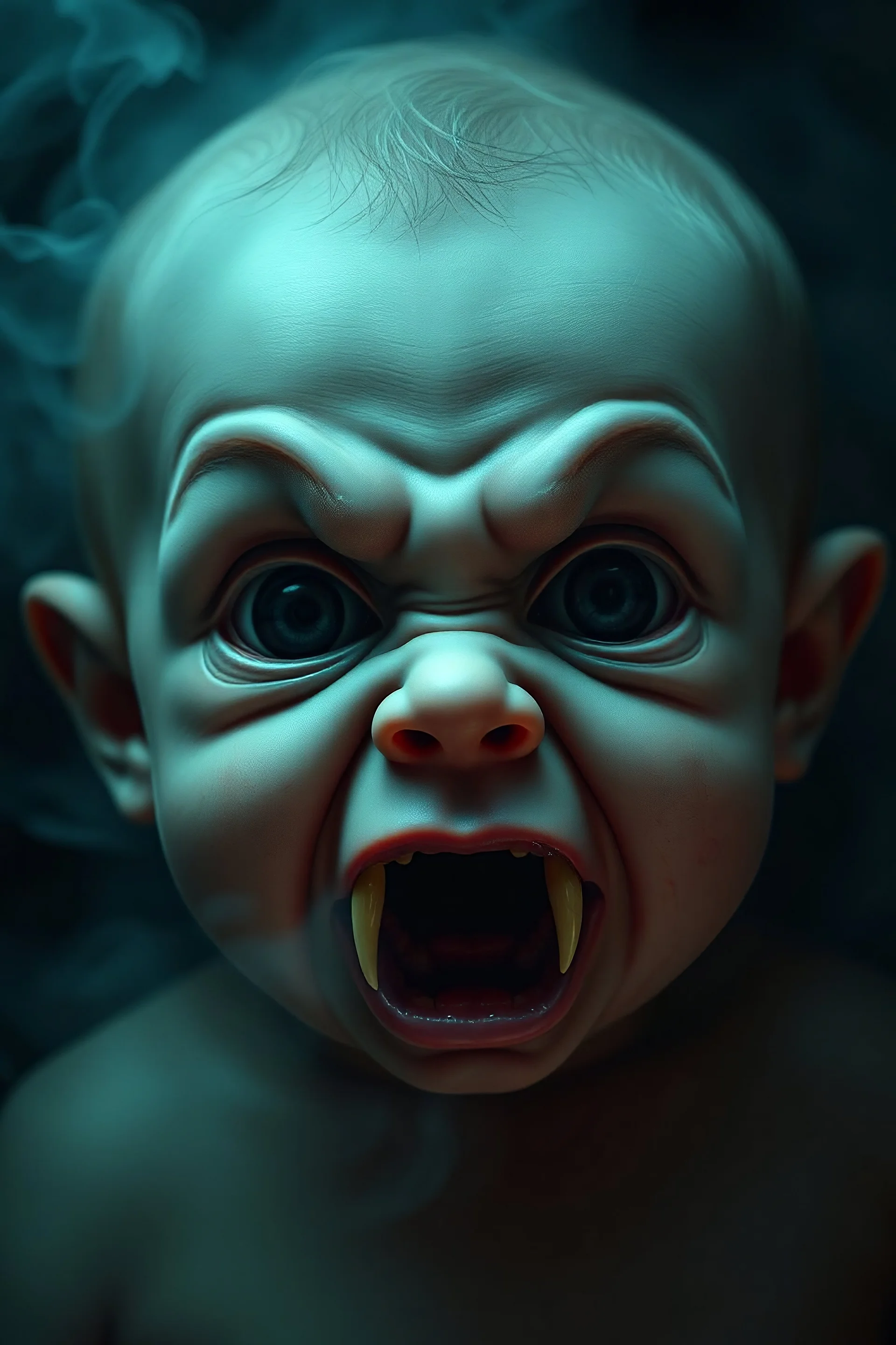 hyper realistic image of the most horrifying, creepiest baby face with big eyes and fangs ever, with dark fog emanating, epic aesthetic, dark color grading, dark weather aesthetic, extremely terrifying, horror movie inspired, retro camera