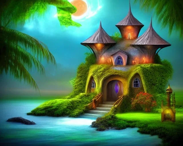 mystical house on a hot tropical island, fantasy art, surreal art,