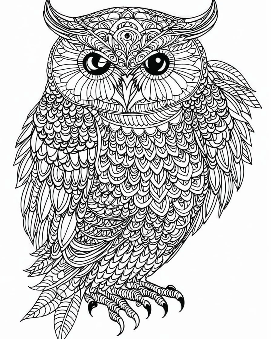 Owl, coloring page , full body (((((white background))))), only use an outline., real style, line art, white color, clean line art, white background, Sketch style