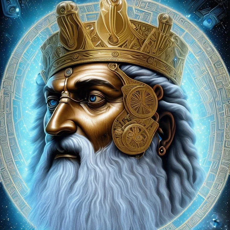 photo realistic, symetrical, centered, ultra detailed, digital art, in center is a portrait of highly detailed greek colossus god zeus wearing futuristic high tech rave glasses surrounded by galaxy codes seeking knowledge, gray beard, crown filled with crystals, detailed face with human skin color, eyes filled with galaxy, dominating colors = gray light blue and dark gold, lightning, smoke,