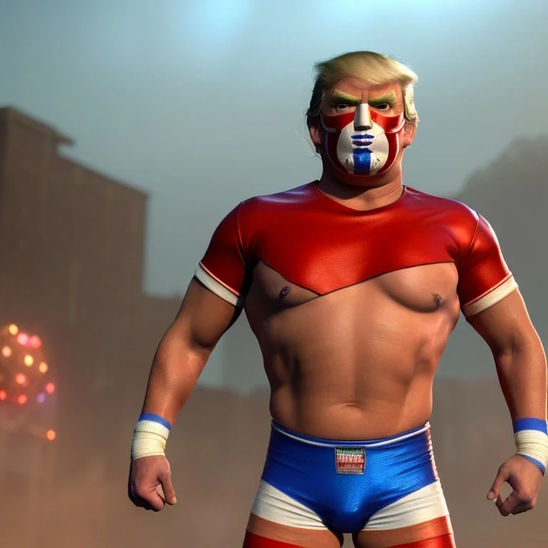 Realistic image of Donald trump wrestler, Mexican wrestling style, Mexican eyes wrestling mask, red and blue breeches, glow us flag dress, suspenders, retro style, 80s, vibrant color, highly detailed, sky background, concept art, unreal engine 5, god rays, ray tracing, RTX, lumen lighting, ultra detail, volumetric lighting, 3d, finely drawn, high definition, high resolution.