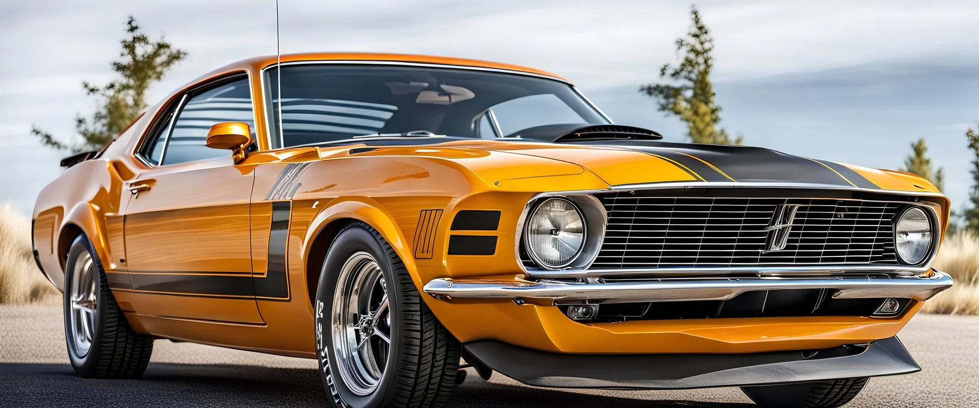 1970s BOSS 302 mustang, painting style, dramatic lighting