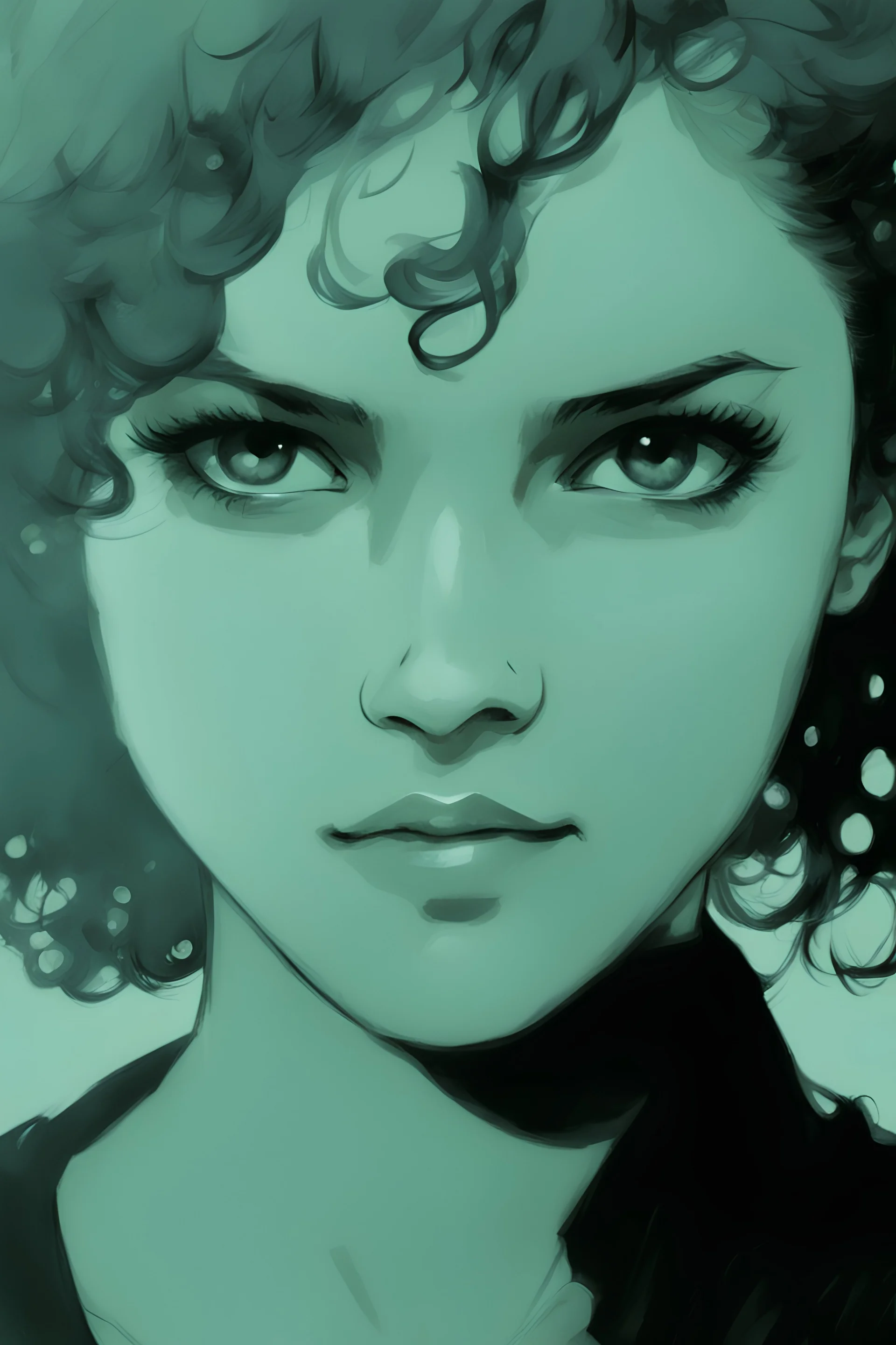 Portrait of a young female with short black curly hair, with a tanned skin complexion, drawn in the Yoji Shinkawa style.