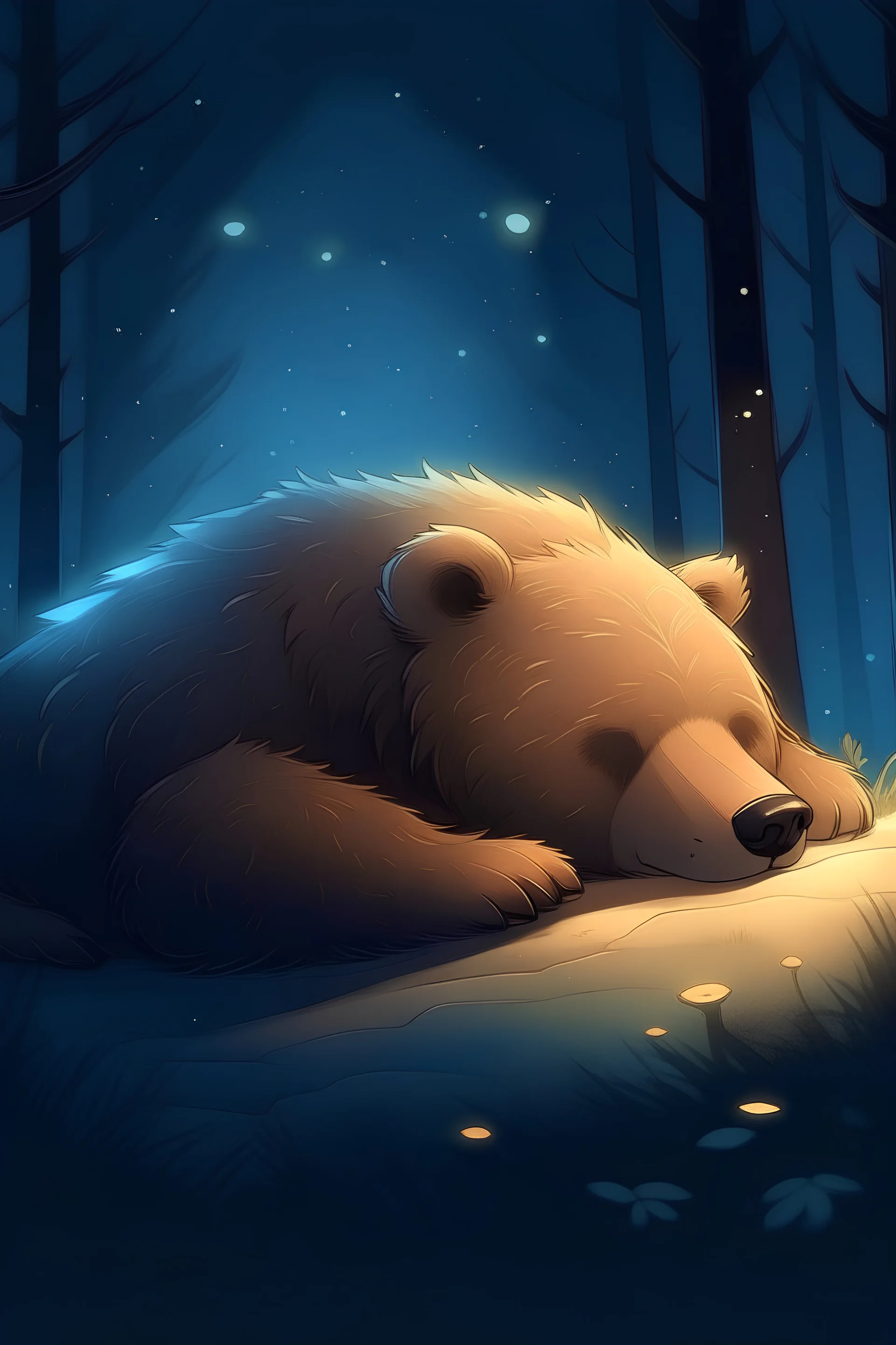 Little bear sleeping OLD animation inspired illustration over a Midnight magical lighting,ethereal feeling, 2D