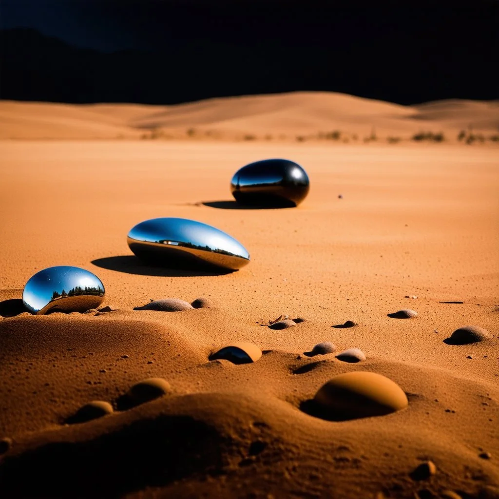 Photograph, odd objects scattered over an arid surface, night, nothingness, close-up, polaroid, in Yves Tanguy style, nightmare, highly hypermaximalist