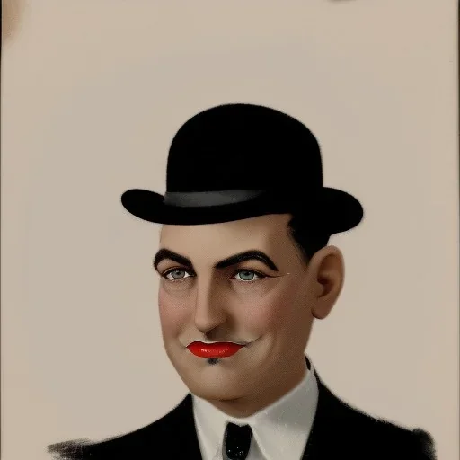 A portrait of a 1930s Italian-American businessman with a black bowler hat and a suit. He has a double chin. He is staring at the camera