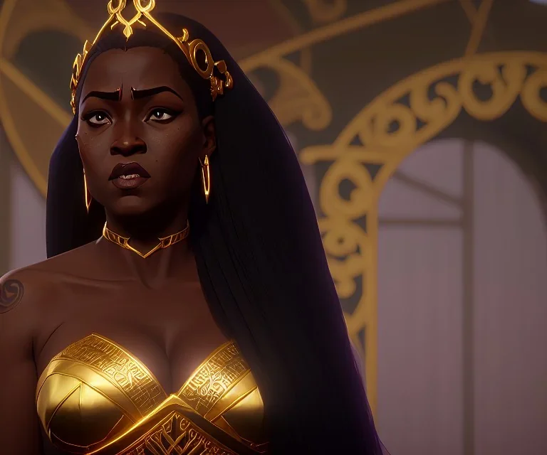 A portrait of a beautiful curvaceous black woman with long straight curly black hair, wearing a gold crown, and a gold intricate detail gown, yoruba culture, orixa, magical, ethereal, gown, sharp lighting, cimematic lighting, misty. Painting, high quality, Ultra quality 8k.