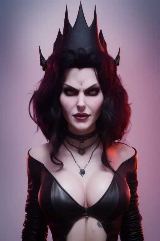 Amy Dumas as evil queen in black leather, leather, busty, cleavage, angry, rage, stern look. character design by cory loftis, fenghua zhong, ryohei hase, ismail inceoglu and ruan jia. unreal engine 5, artistic lighting, highly detailed, photorealistic, fantasy