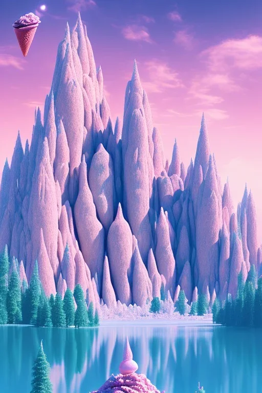  mountain topped with pink ice-cream, lake, trees, mystical, Dada,