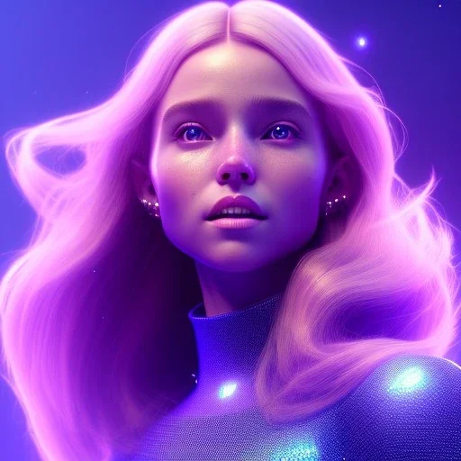 A portrait of a crystalised girl,smiling, longs blond hairs, galactic dress, atmospheric, realistic, cinematic lighting, octane render, purple and blue light