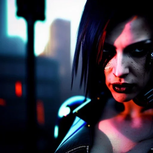 portrait, beautiful punk busty female Cyborg, intense stare, sad eyes, post-apocalyptic in a cyberpunk city,minimal skintight latex dress, bladerunner, realistic, intriacte detail, sci-fi fantasy style, volumetric lighting, particles, highly detailed ,cinamatic , deep colours,8k, in the style of Kaare Andrews