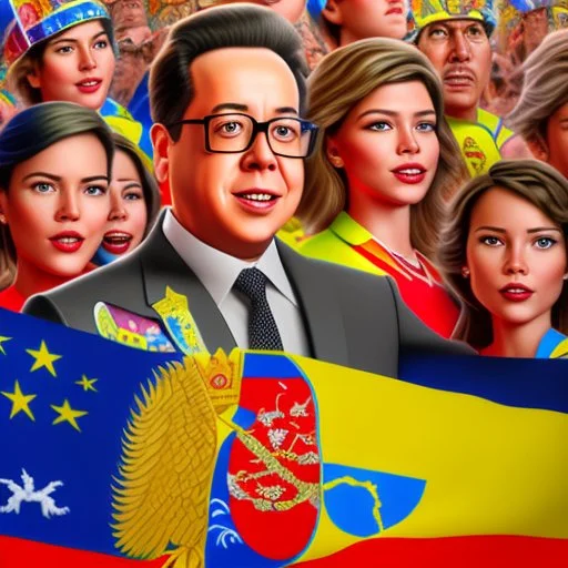 Create a Pixar-style 3D movie poster with Gustavo Petro, president of Colombia happy and surrounded by women, men and Colombian flags, with the title: "The President", ultra quality, hyper-detailed, maximalist, 8k