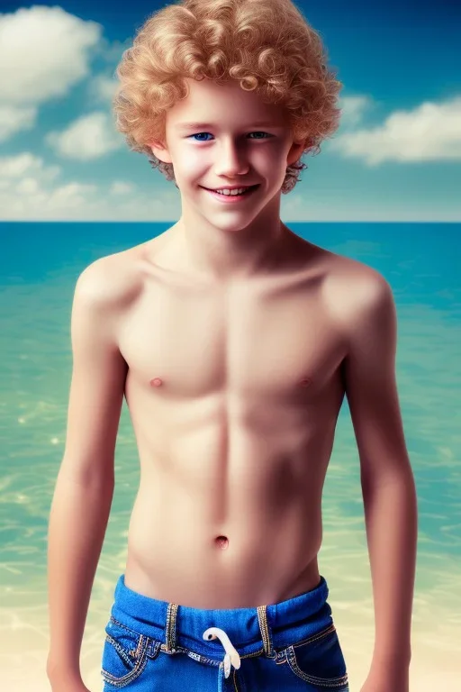 full body image of a beautiful 12 year old boy with long, blonde curly hair and light blue eyes, smiling, holding an apple in his right hand, shirtless, in front of a distant beach