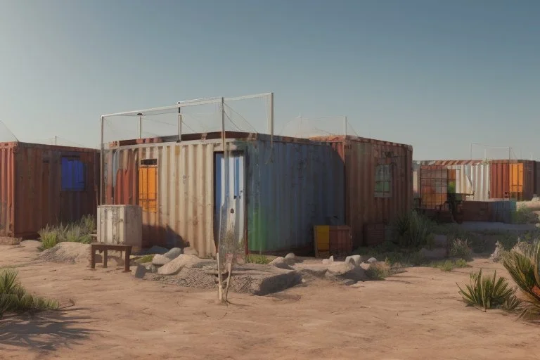 Can you please come up with a design concept for a refugee camp that houses displaces Palestinians that is Meaningful, resilient, self sufficient, safe and takes into consideration Palestinians culture and religious beliefs in the dessert using shipping containers