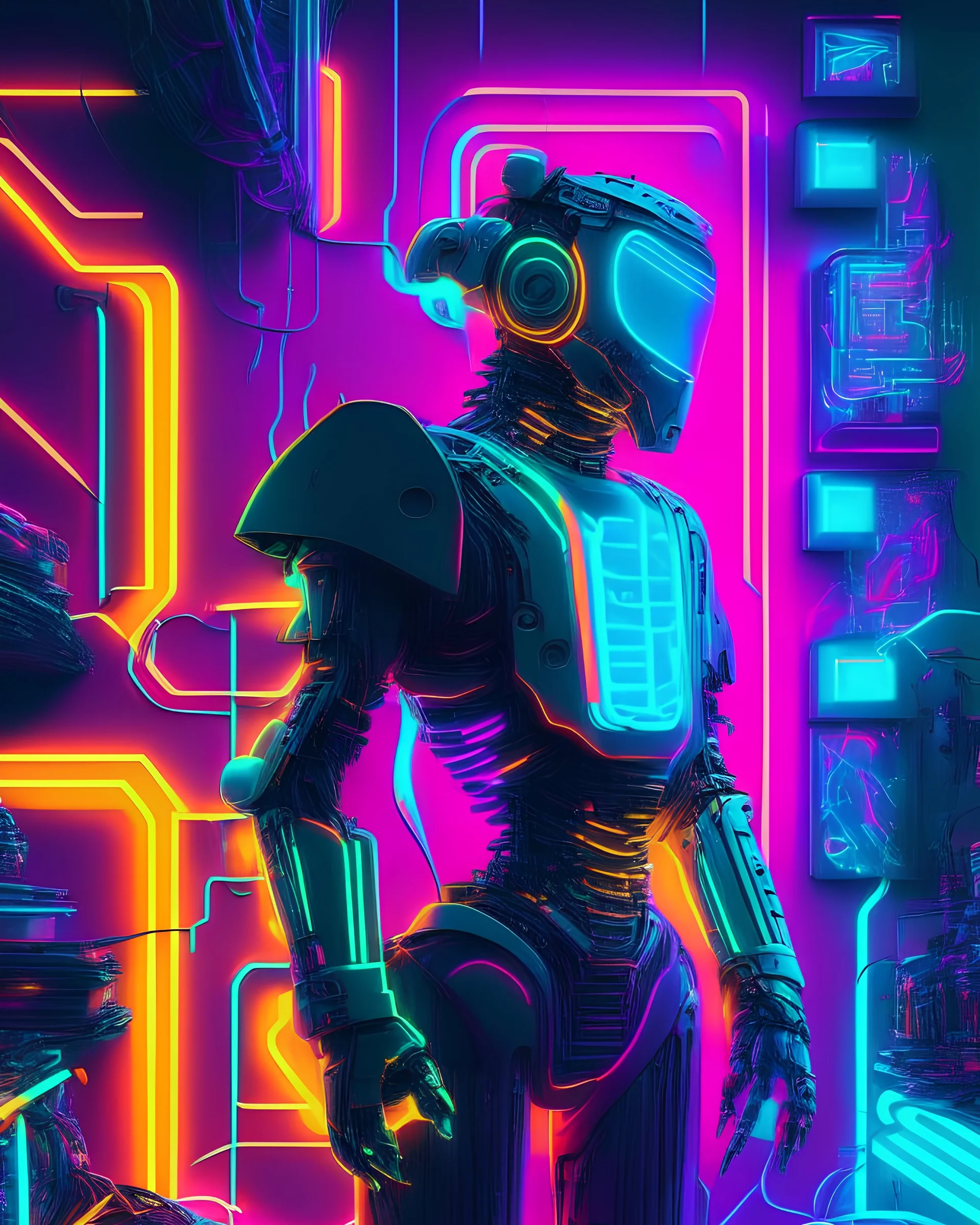 The image of neon style, with the presence of a powerful robot and neural circuits full of fascination, creates a space that showcases the advancement of artificial intelligence. The combination of neon colors and AI elements conveys a sense of energy and power that is displayed clearly