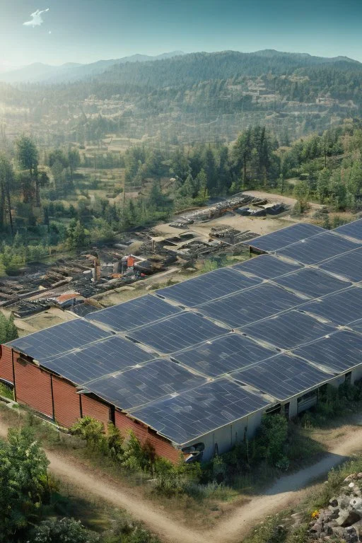 Photorealistic style. portrait mode. Battery energy storage next to the company with photovoltaics on the roof. Green background, photo detailed